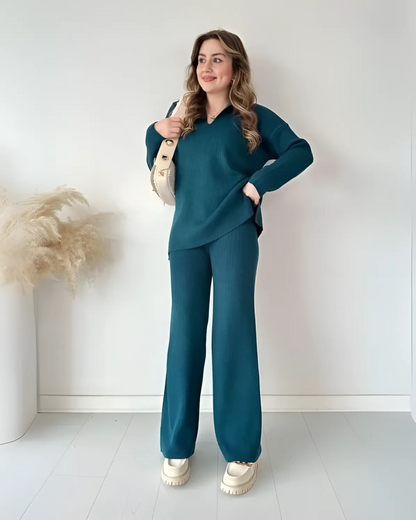 Conjunto de Suéter Informal Holgado de Punto de Manga Larga y Pantalón Ancho