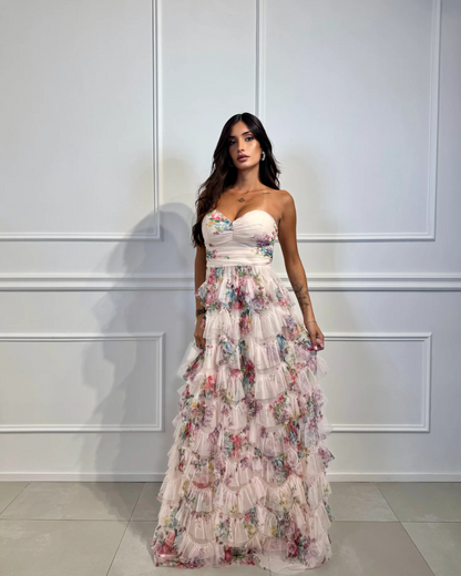 Vestido Largo Escalonado sin Tirantes
