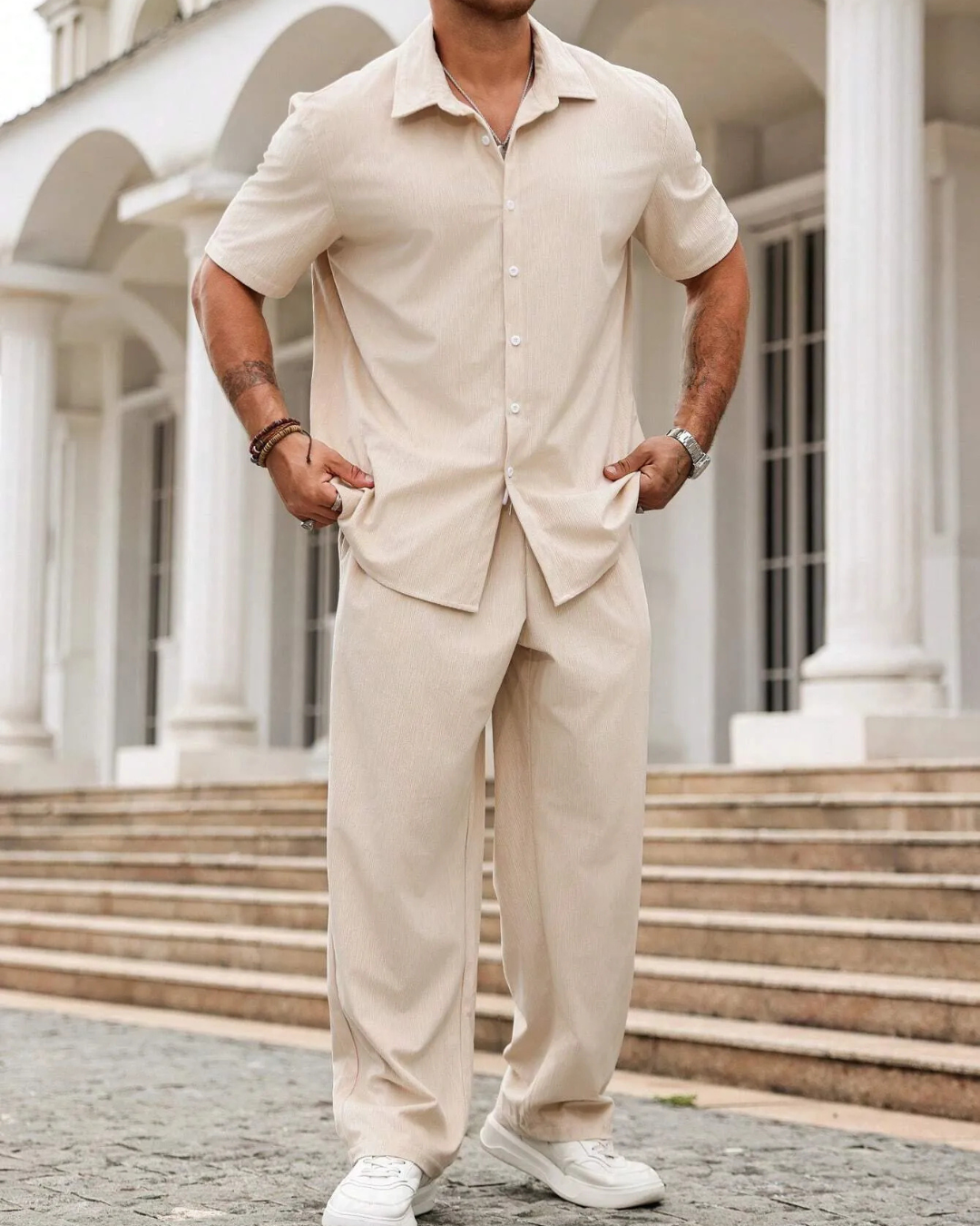Conjunto informal de camisa de manga corta y pantalones para hombre
