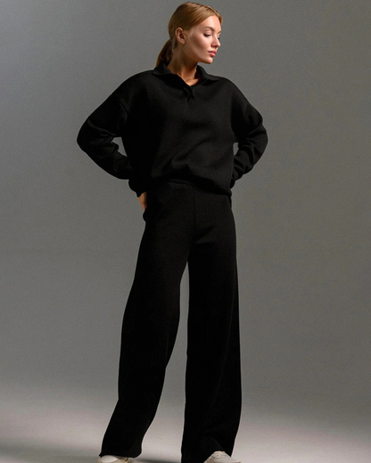 Conjunto de 2 Piezas para Mujer, Sudadera con Cuello de Polo y Pantalón de Pierna Ancha