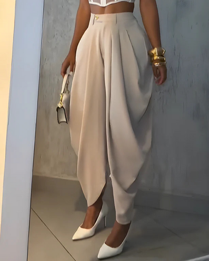 Pantalones informales de cintura alta y fruncido suelto para mujer