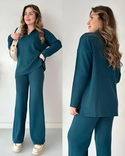 Conjunto de Suéter Informal Holgado de Punto de Manga Larga y Pantalón Ancho