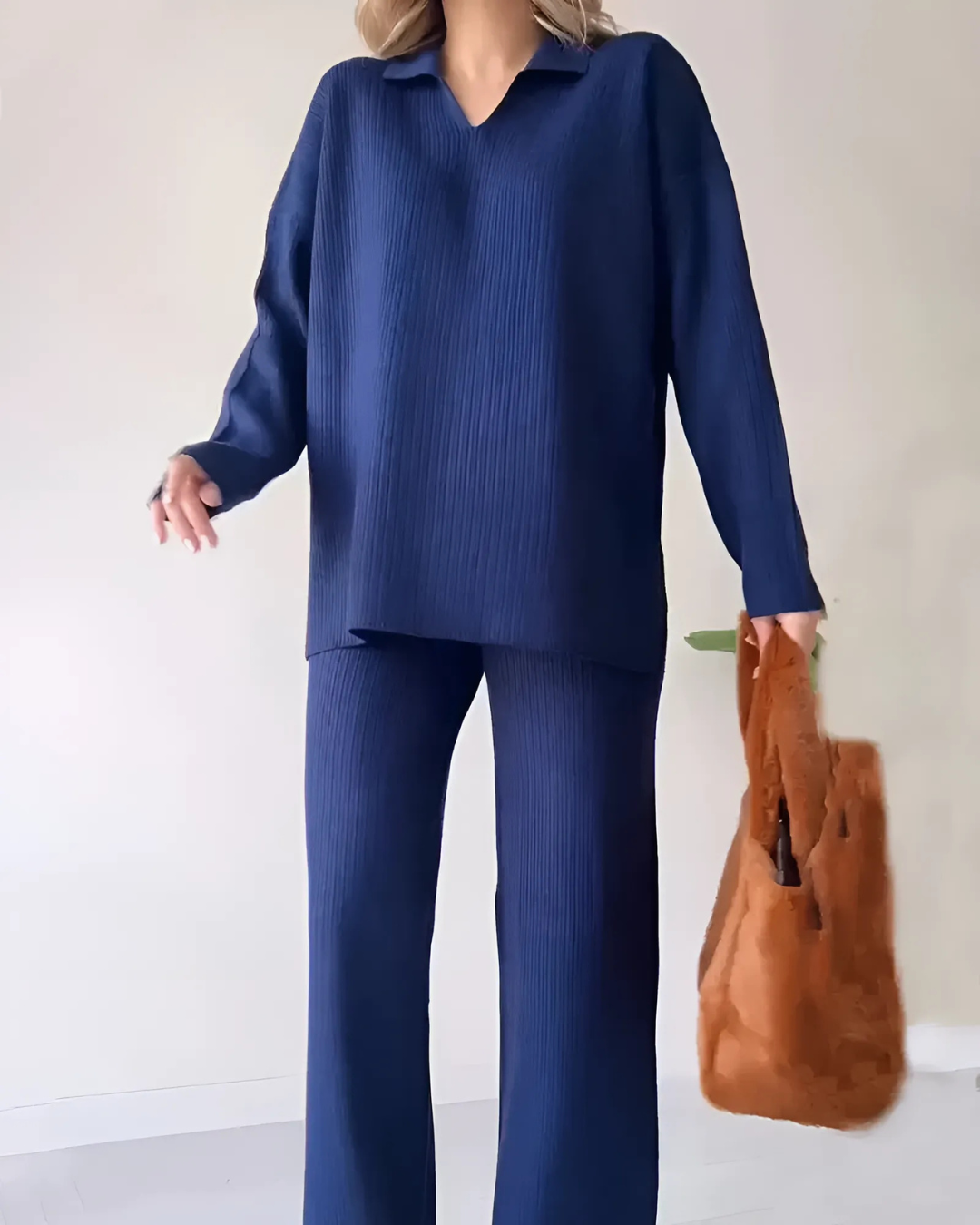 Conjunto Holgado de Dos Piezas con Suéter de Escote en V para Mujer