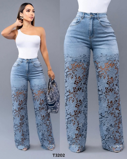 Pantalón de jean para mujer con encaje floral en las piernas