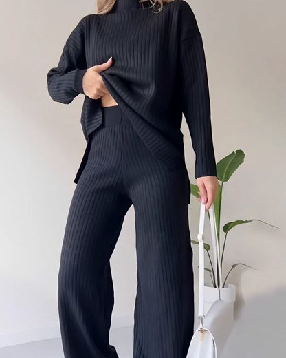 Conjunto Acanalado con Suéter de Cuello Alto y Pantalón Ancho para Mujer