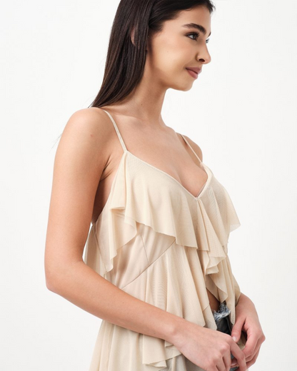 Blusa de Tul Elástico con Volantes en la Parte Inferior y Cola en la Espalda