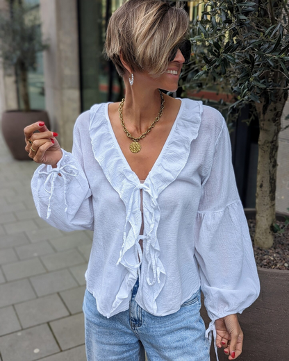 Blusa con Volantes y Lazo Delante en Tejido Ligero y Mangas Abullonadas