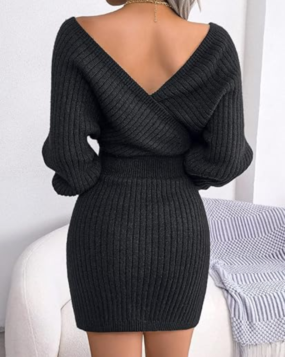 Vestido de Punto de Manga Larga con Elegante Escote en V®