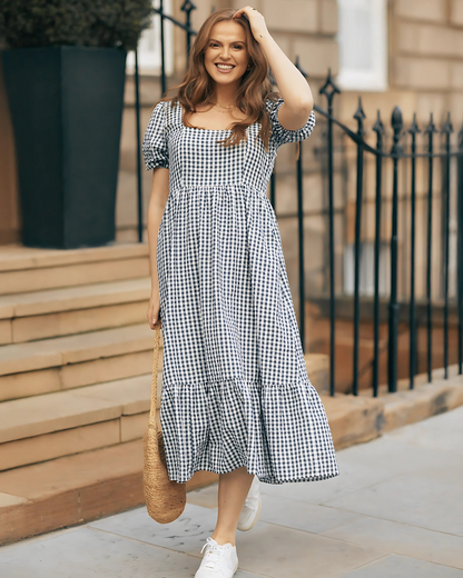 Vestido de Cuadros Gingham con Volados Estilo Fresco y Elegante