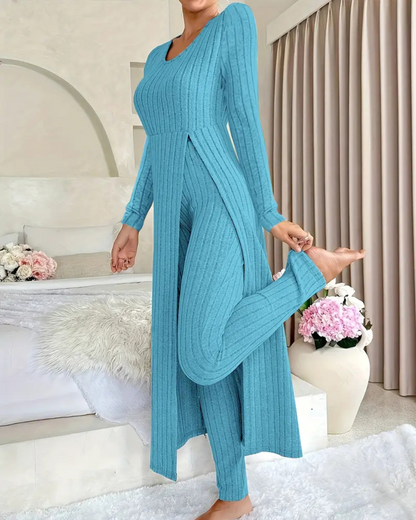Conjunto de dos piezas con camisa de manga larga con cuello redondo y pantalones para mujer