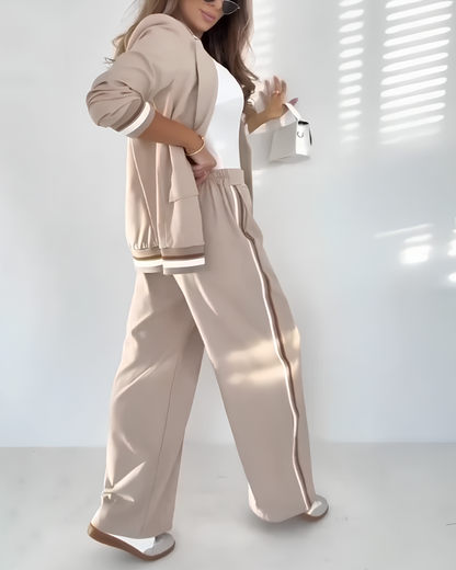 Conjunto Elegante de Blazer y Pantalón Palazzo en Beige Estilo Sofisticado y Moderno