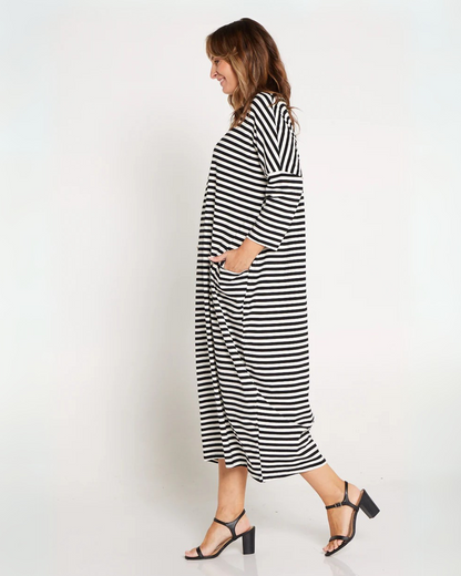 Vestido de Rayas con Cuello en V y Bolsillos Frontales para Mujer