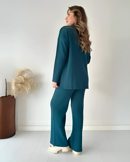 Conjunto de Suéter Informal Holgado de Punto de Manga Larga y Pantalón Ancho