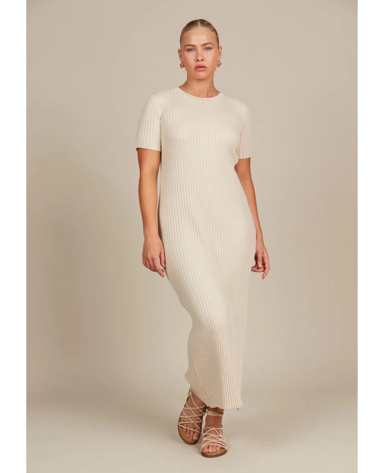 Vestido Largo de Manga Corta con Canalé para Mujer