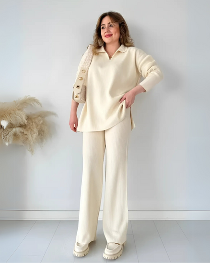 Conjunto de Suéter Informal Holgado de Punto de Manga Larga y Pantalón Ancho