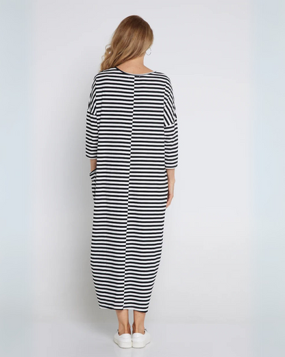 Vestido de Rayas con Cuello en V y Bolsillos Frontales para Mujer