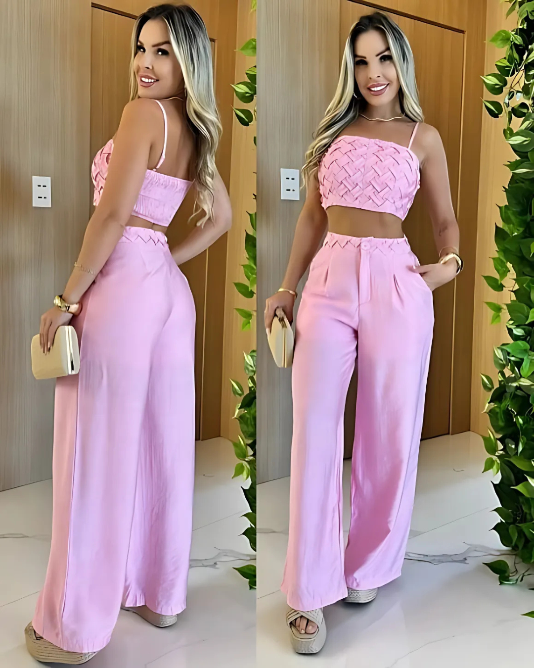 Conjunto de Verano para Mujer con Pantalón Palazzo y Top Corto de Tirantes