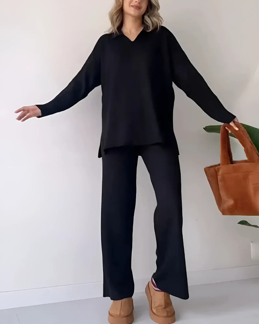 Conjunto Holgado de Dos Piezas con Suéter de Escote en V para Mujer