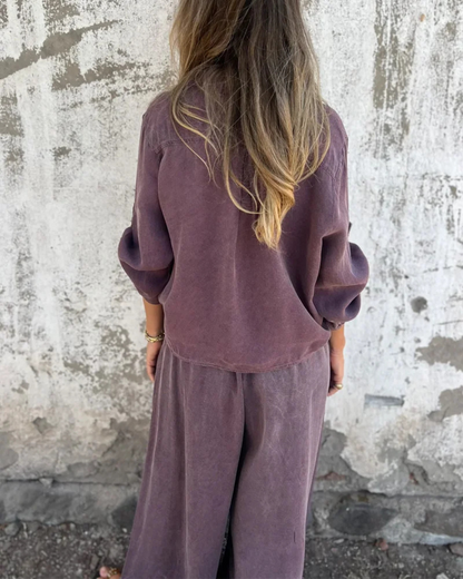 Conjunto de 2 Piezas con Mono Largo de Pierna Ancha para Mujer con Camisa de Botones y Lazo Frontal