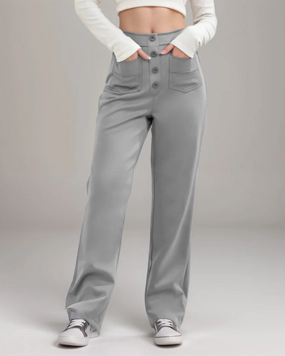Pantalón Recto de Talle Alto con Botones Decorativos y Bolsillos Delanteros de Estilo Práctico