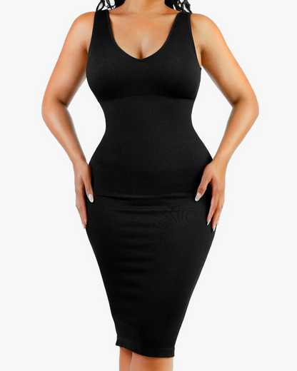 Vestido moldeador con profundo escote en V y control de abdomen
