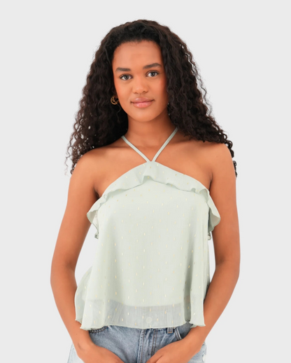 Top con volantes y escote cruzado en tejido ligero con detalles dorados (OFERTA 2X1)