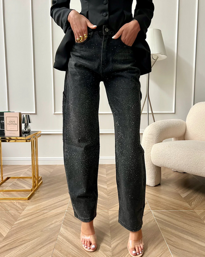 Pantalón Ancho con Detalles de Brillantes y Estilo Cargo