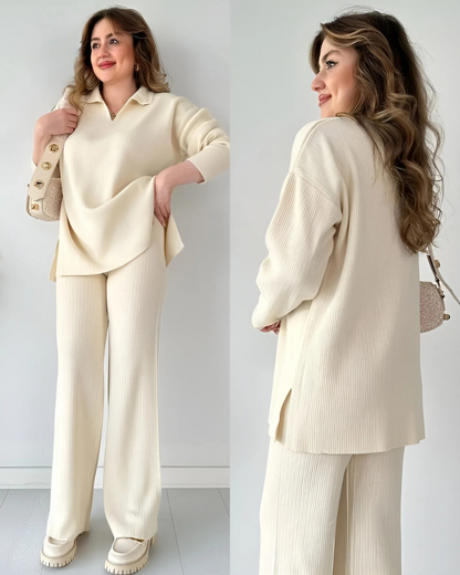 Conjunto de Suéter Informal Holgado de Punto de Manga Larga y Pantalón Ancho