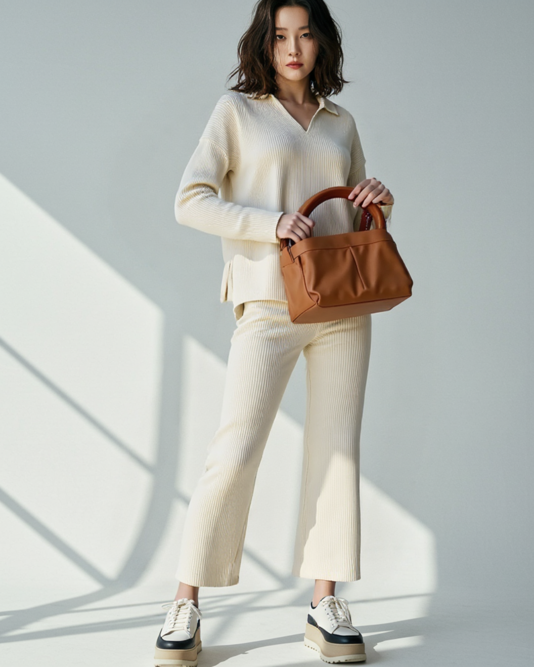 Conjunto Holgado de Dos Piezas con Suéter de Escote en V para Mujer