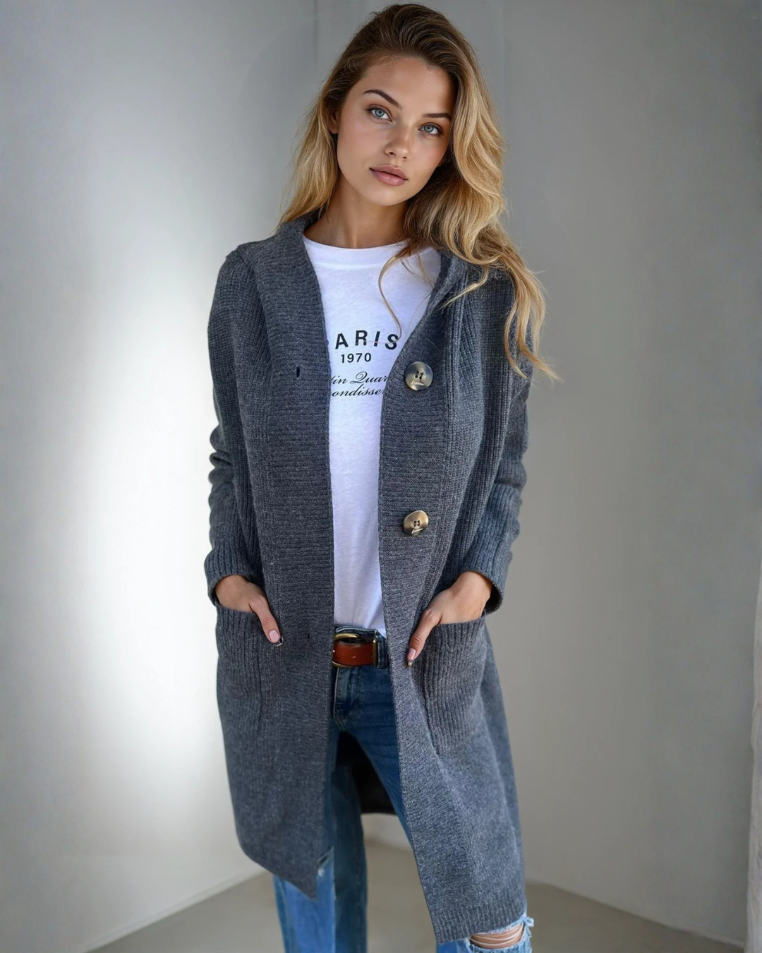 Abrigo de punto largo y acogedor para mujer