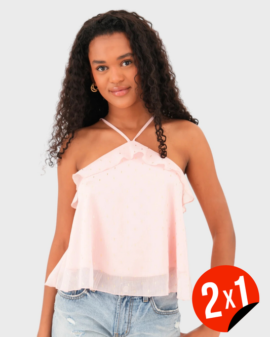 Top con volantes y escote cruzado en tejido ligero con detalles dorados (OFERTA 2X1)